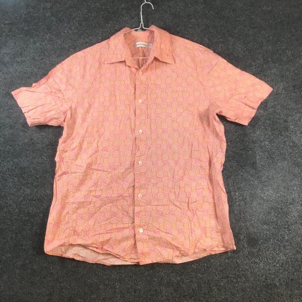 Calvin Klein Shirt Mens Medium Peach Geometric Circle Cotton Collared Button Up